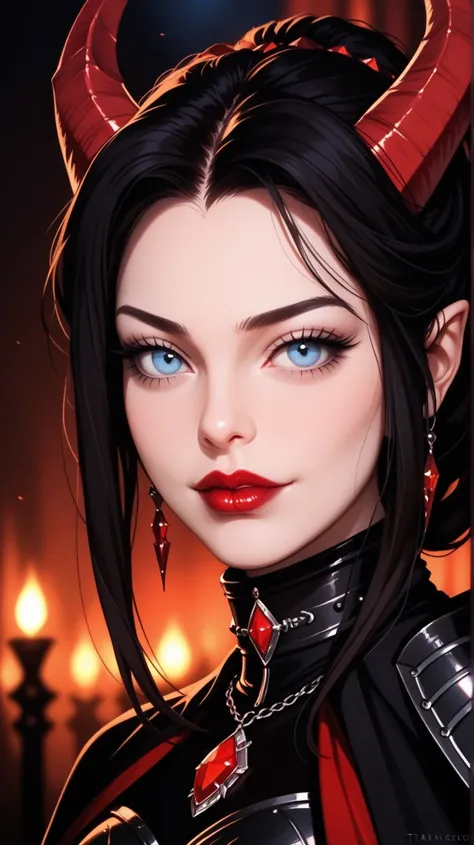   beautiful , high quality photo,  portrait, darkness,  tiefling ,  red horns, Blue eyes, pale skin, black hair,  black armor , red stones,  dark background , blurred background, Gothic,  posing, at night, realistic natural light, big ,  beautiful detailed...