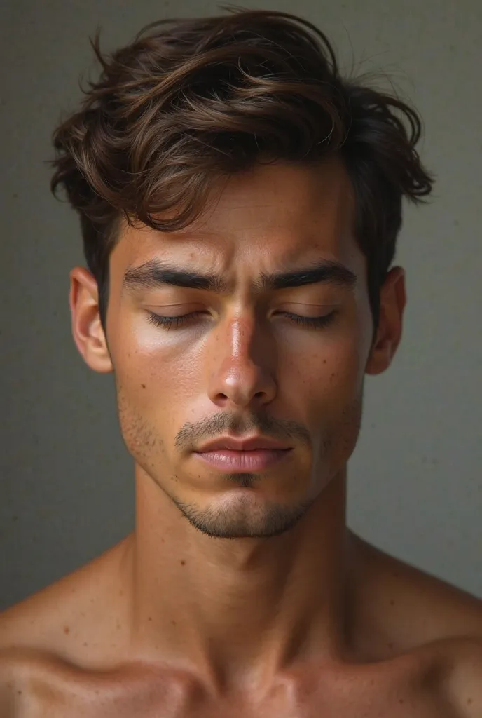 Tanned young man, closed, Hazel eyes,  dark brown short hair,  square face , 1,85 inches tall. 