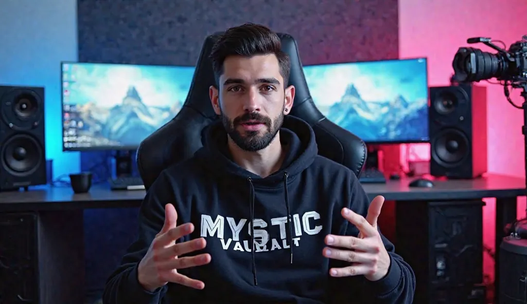 "A young man with neatly styled dark hair and a well-groomed beard sits confidently in a gaming chair. He is wearing a black hoodie with the text 'MYSTIC VAULT' in bold white letters. His hands are gesturing expressively as he speaks, creating a dynamic an...