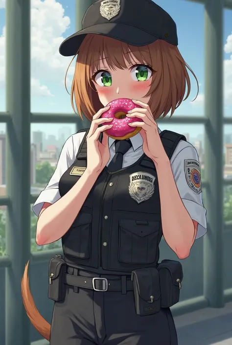 Adult prison guard women, brown short bob hair, black officer baseball cap, green eyes color, brown beagle dog drop ears, brown dog tail, black Bulletproof vest and white officer shirt and black tie inside, black trousers, She eating a Berry Cream Donut, s...