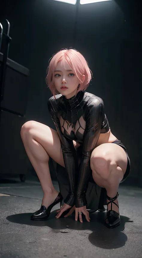 ( Defeated 스파이더 걸: 1.3) black spider girl costume all black suit,,  cat posture ,  cat posture , she is  ,  kneeling and legs spread ,angle Below, floor angle,    cat posture , she is kneeling and spreading her legs   ,    she is kneeling and spreading her...