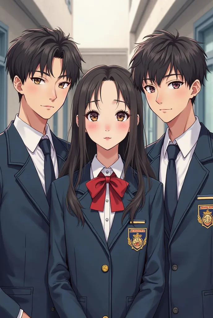 A korean girl with 3 Koreans boys they all in highschool uniform and so pretty 