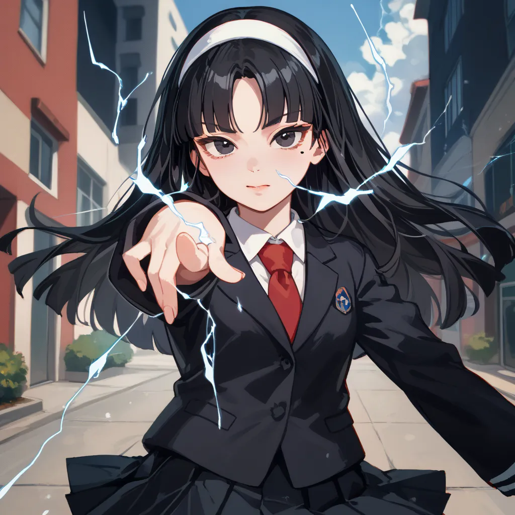 トップクオリティ, 1人の女の子, solo,kwkm, black eyes, black hair, long hair, blunt bangs, parted bangs, white hairband, mole under eye, school uniform, red necktie, black jacket, black skirt, pleated skirt,pointing electricity