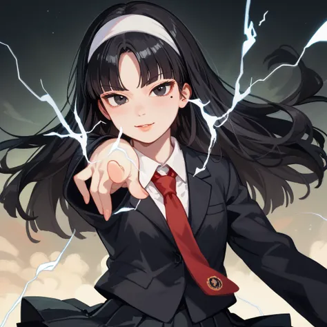 トップクオリティ, 1人の女の子, solo,kwkm, black eyes, black hair, long hair, blunt bangs, parted bangs, white hairband, mole under eye, school uniform, red necktie, black jacket, black skirt, pleated skirt,pointing electricity