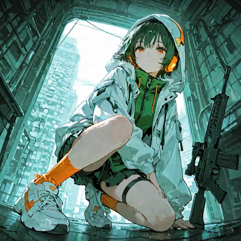 score_9, score_8_up , score_7_up , score_6_up , score_5_up , score_4_up ,4K,8k, 1girl  ,oversized hooded white down jacket,dark green short cut hair,hood up , orange headphones,ruby eyes, miniskirt,making a peace sign,black thigh and knee pouch,orange ankl...