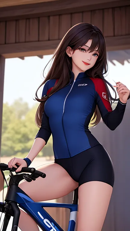 woman , long hair brown, normal, dark, she is solo, from alternative world ,best quality, realistic, cycling (full dark blue color) suit and cycling sports black shorts, she is stand , smile, red lipstick , 