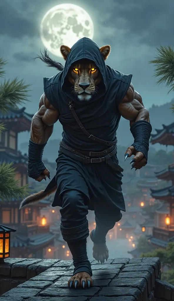 A powerful lion dressed in a sleek, black ninja outfit, perfectly fitting his muscular body. His golden eyes glow under the moonlight, exuding strength and determination. His mane is partially hidden beneath the hood, with a few strands escaping, adding to...