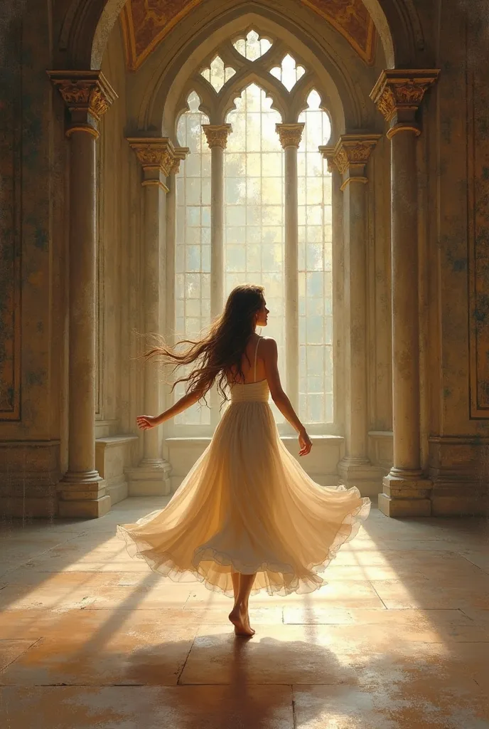 creates a classic art painting, a girl with long hair dancing in a large castle building, the sun outside the door shines on her face, take the beautiful view, the petite looking girl in the distance