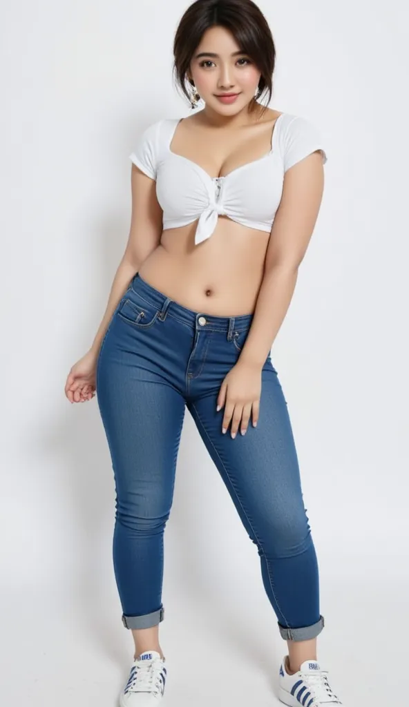 stunning cute Indian age girl having black short hair, wearing tight t shirt and short jeans pants up to knee, sports shoe, fashion model, full body, looking straight to camera, standing in a belly dance pose, smiling face, white background