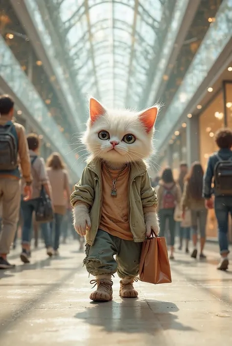 A very poor white cat dressed with a dirty tired trouser and tired shirt inside a mall trying to buy new clothes 