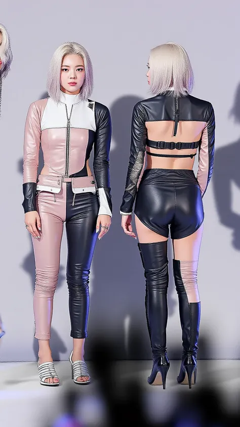 A picture of a stylish K-pop idol performing. - Lina:  short blond hair, The black leather costume has a subtle purple accent, Charismatic and mysterious. white background, And futuristic. Super realistic,  bright color. black leather bodysuit,  black leat...