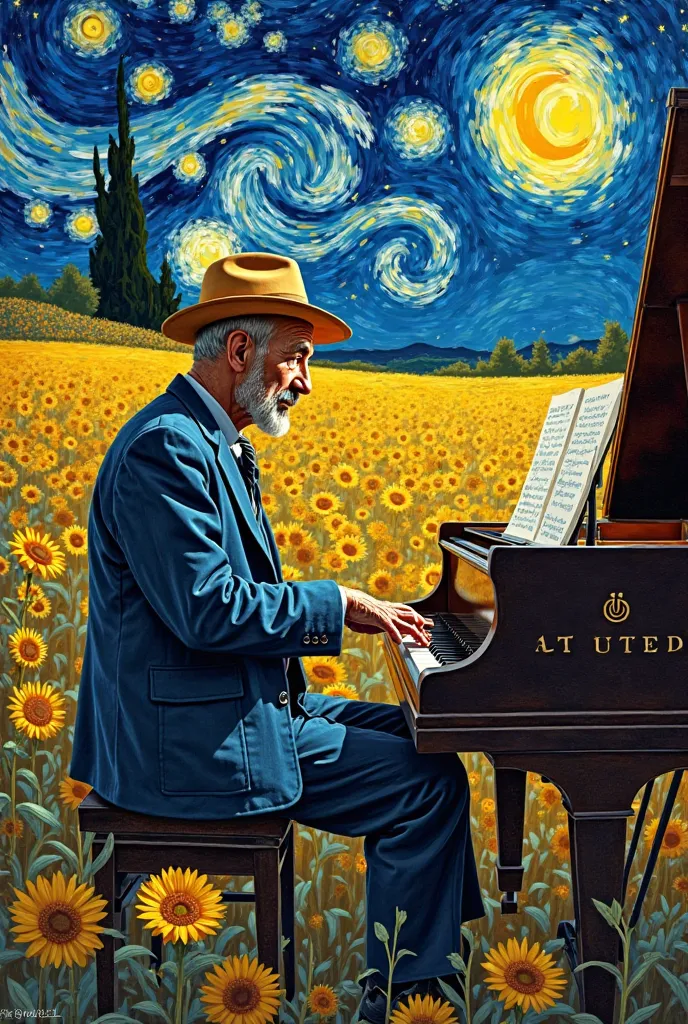 Illustration of an aging Vicent Van Gogh with his hat playing the piano between a field of sunflowers and a starry night