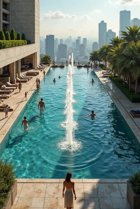 A large rooftop swimming pool with die pool that have pool fountain