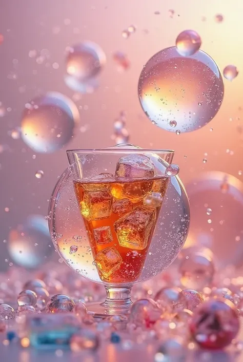 Hyper-artistic portrait photography of clear, 1 detailed water bubbles floating in the air with liquid tea and ice cubes inside, one is being peeled half. The liquid tea are vibrant and colorful, perfectly contrasted against a vivid, isolated pastel color ...