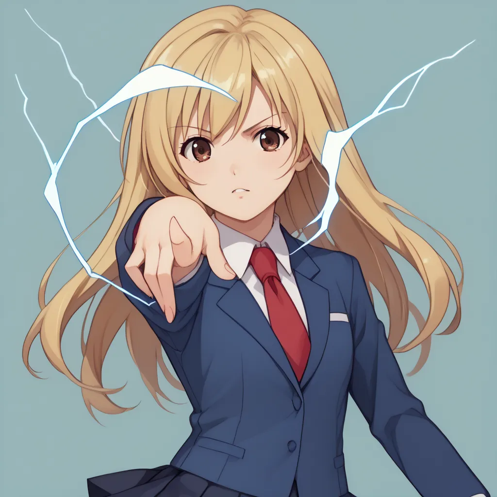 トップクオリティ, 1人の女の子, solo,haruka, blonde hair, brown eyes, long hair,collared shirt, red necktie, blue blazer, school uniform, pleated skirt, dark skirt,pointing electricity