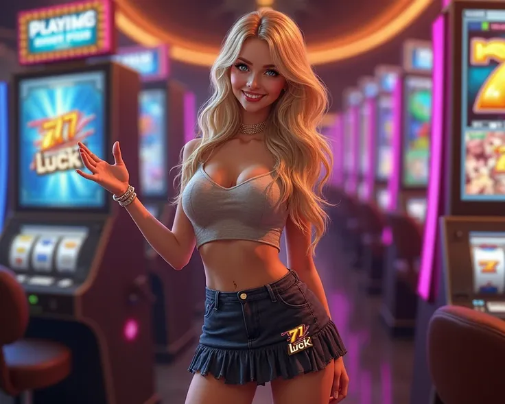 high resolution, Super detailed,Female Model，blond，Wearing a dark dark skirt，77 luck logo on the dress，Half Body，Next to the slot，happy，Greeting gestures