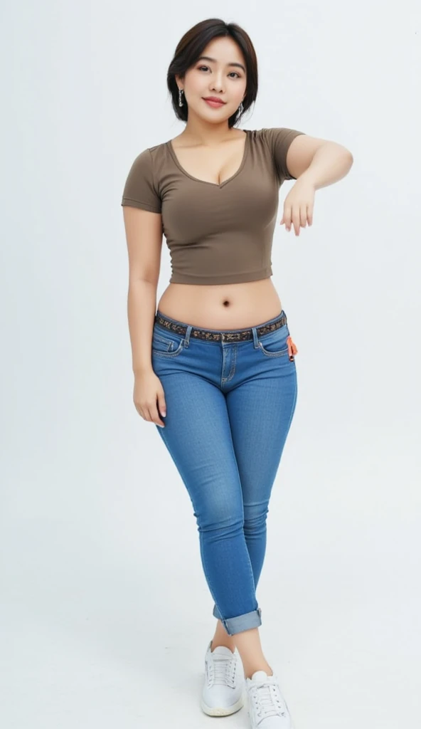 stunning cute Indian age girl having black short hair, wearing tight t shirt and short jeans pants up to knee, sports shoe, fashion model, full body, looking straight to camera, standing in a belly dance pose, smiling face, white background