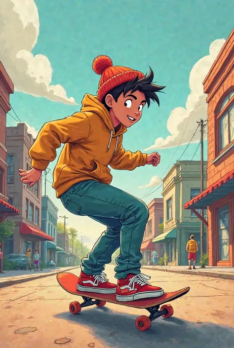 boy riding a skateboard。I'm wearing a hoodie, knit cap, and Vans Oldskool。Illustrator「VERDY」Illustrations with similar tastes。Cartoon-style illustrations like old Disney。