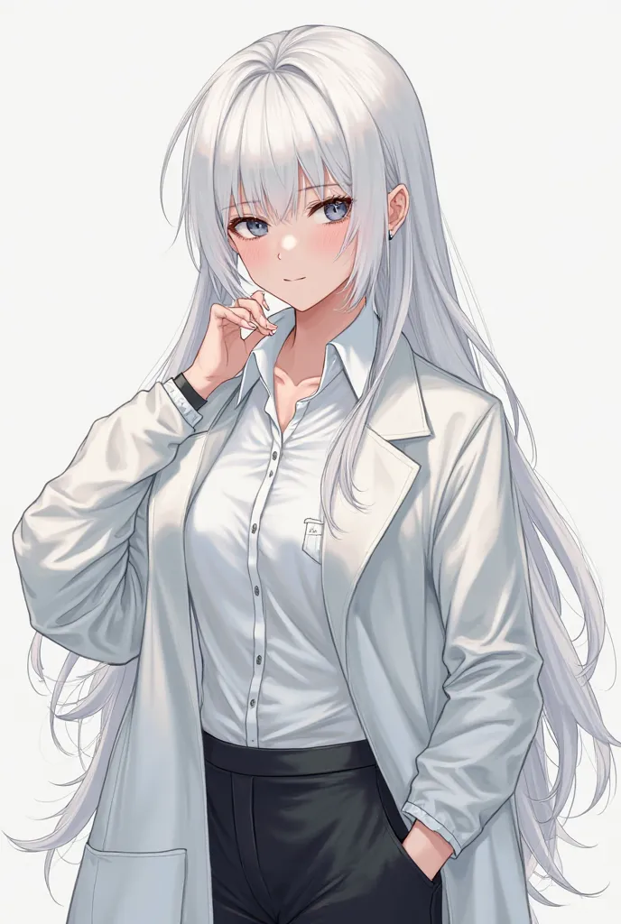 White with white hair, dark-eyed, Beautiful woman, A character with a casual feel, Realism, Long hair, Illustrations that look like they're looking down, scientist, shirt underneath and black pants, I'm a man, but I'm wearing a beautiful