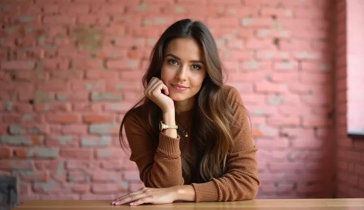 A young woman with long brown hair and captivating eyes poses confidently in a studio setting with a pink brick wall in the background. She wears a cozy brown sweater and a stylish gold wristwatch. Instead of resting her chin on her hand, she sits with bot...