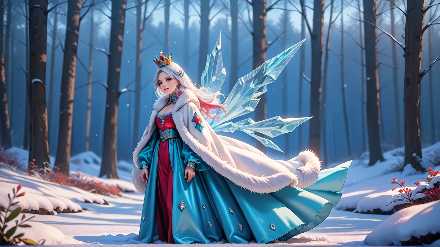 A white woman , age 25 , with white hair and a crown of ice , wearing a fur coat with a blurred background of trees