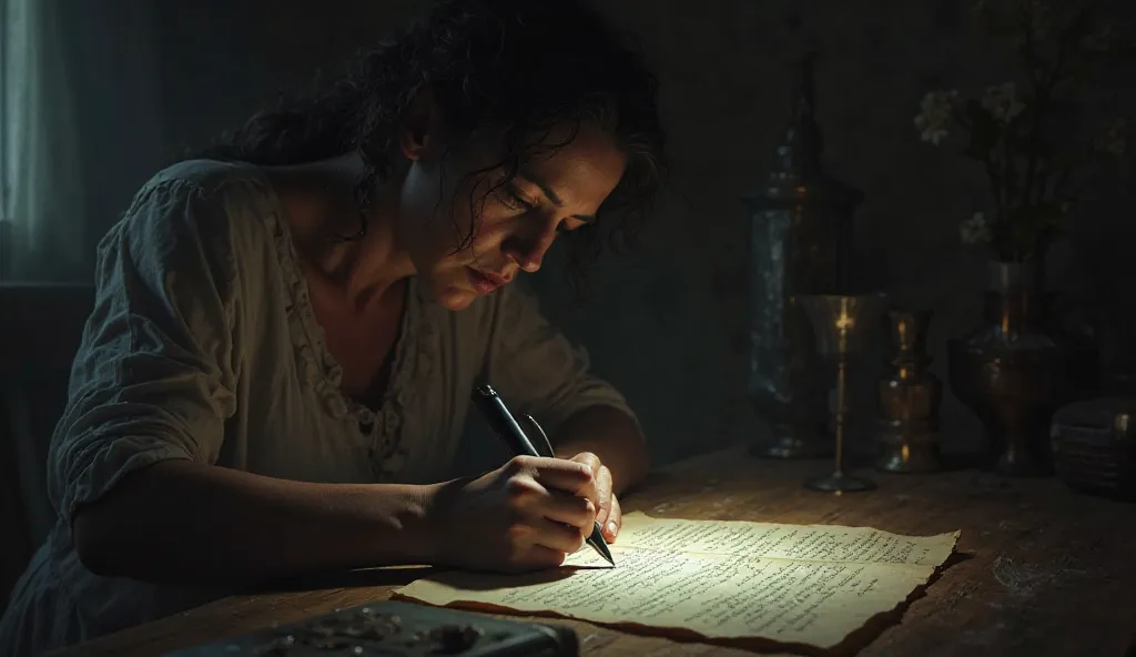 Inside a small room with dim light, a woman is writing a letter. Black ink dances on worn paper, contains the last message to her family who is either alive or not.