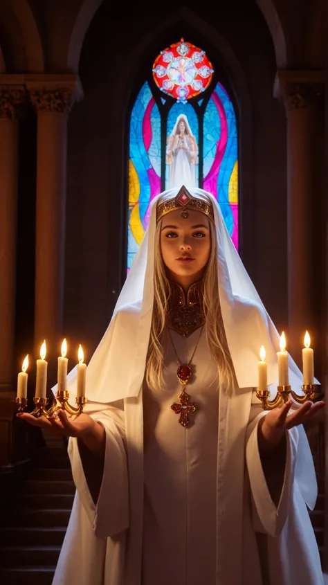 
"An elegant and mystical priestess stands in a holy temple, surrounded by glowing candles and shimmering magical symbols. Your long, shiny hair falls gently across her shoulders, and her deep, radiant eyes convey an aura of wisdom and power. She is wearin...