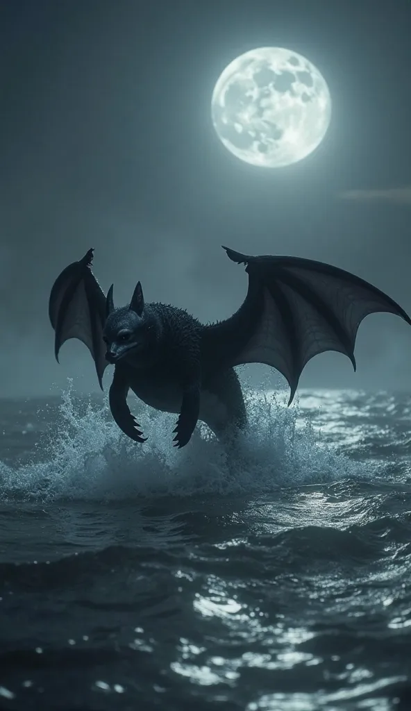 The moonlit ocean remains dark and misty, its calm waves glowing under the silver light. Now, a strange yet majestic hybrid creature emerges. Its body is sleek like a dolphin, but its back is covered in soft, dark fur that blends into the night. Instead of...