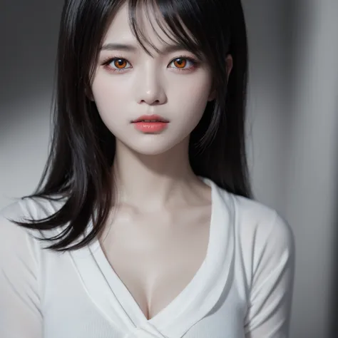 black and white clean appearance、person with red eyes、Precise and detailed、 realistic、professional 、4K、8k、Extreme Details 、physics-based rendering、vivid color、Bokeh、black and white monochrome、 Quiet Atmosphere 、upper body close-up、someone with red eyes、han...