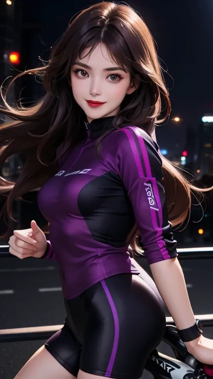 woman , long hair brown, normal, dark, she is solo, from alternative world ,best quality, realistic, cycling (full dark purple color) suit and cycling sports black shorts, she is stand , smile, red lipstick , 