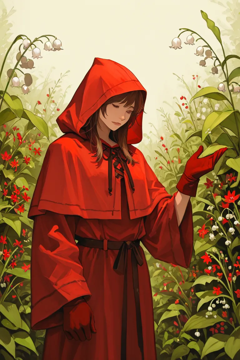 13years old ( (boy) ) with short brown hair, warning a red hood robe, and a bill nekckles and red gloves, a background of plants, with few lilies of the valley flowers, and tiny red flowers, sketchy, dream aesthetic, masterpiece.