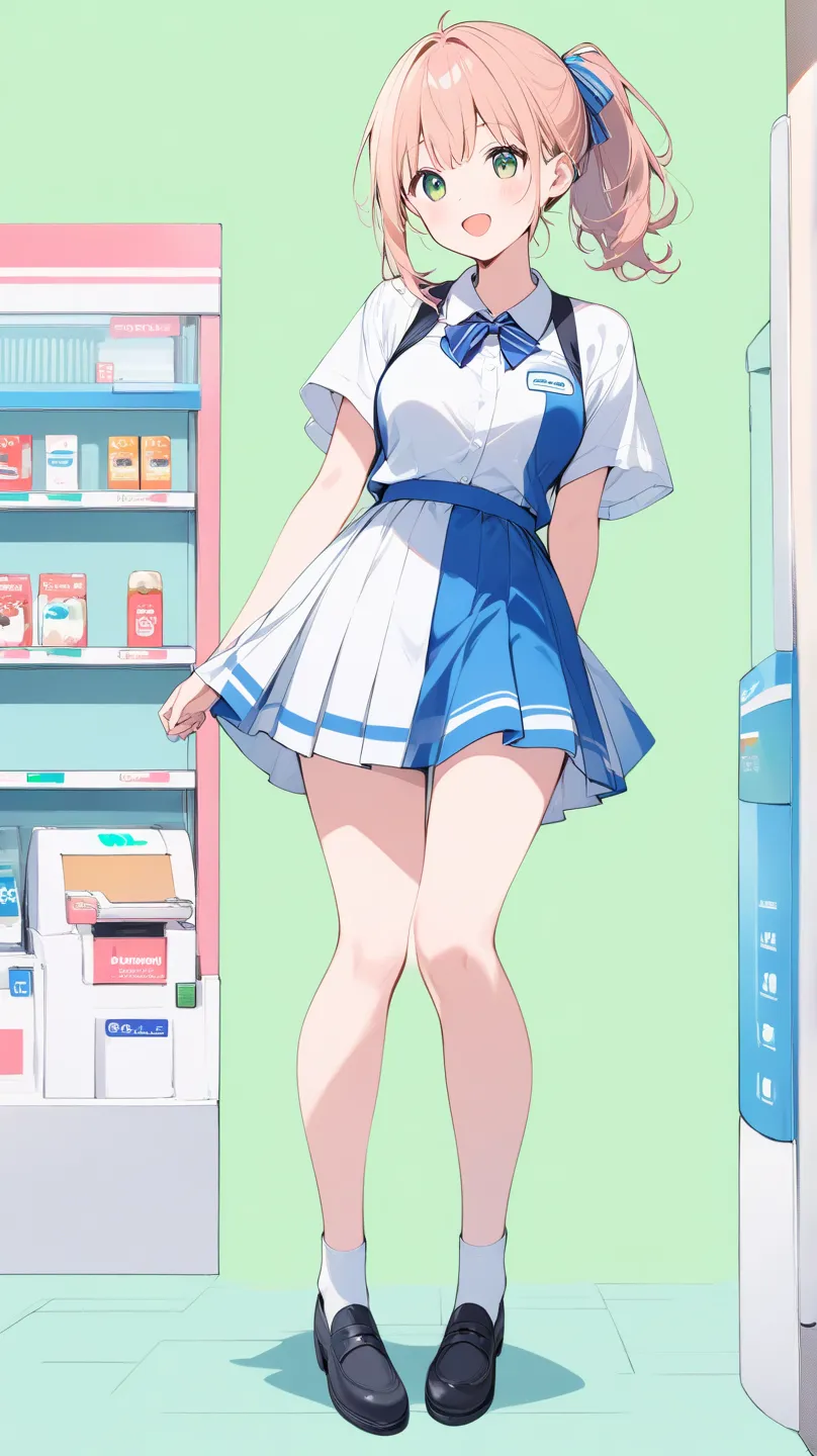 Light color、 line art ,High Resolution、 in detail、Lower ponytail、one girl,cute,:d,stylish,Colorful and cute background、 female college student、 lower breasts visible 、revealing clothes、a combination of FamilyMart and Lawson uniforms、((full body))、high qual...