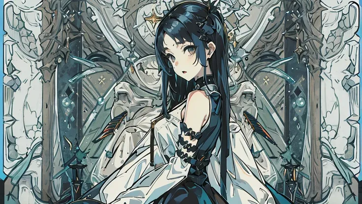 anime girl with black long haired, futuristic gothic style, beauty girl, white skin, black-blue colored dress