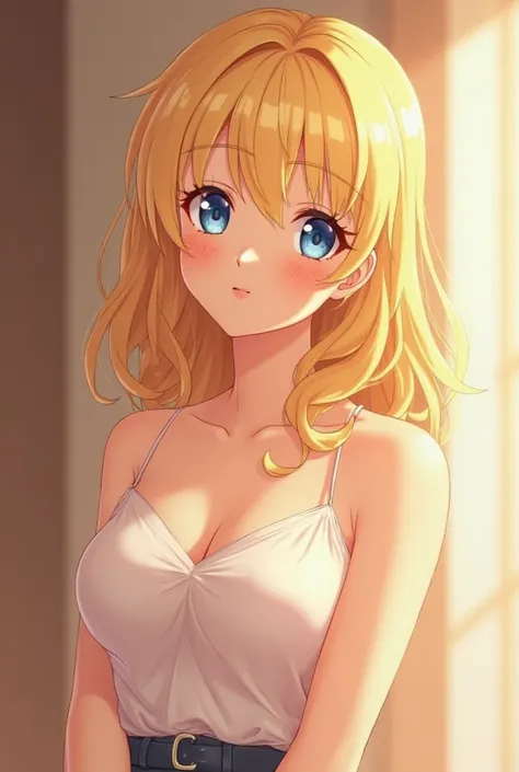 Je veux un style d'anime avec de bon gros seins, blonde qui a l'air timide et qui n'est pas trop maigre et elle a donc des joue rouge parce qu'elle est timide 