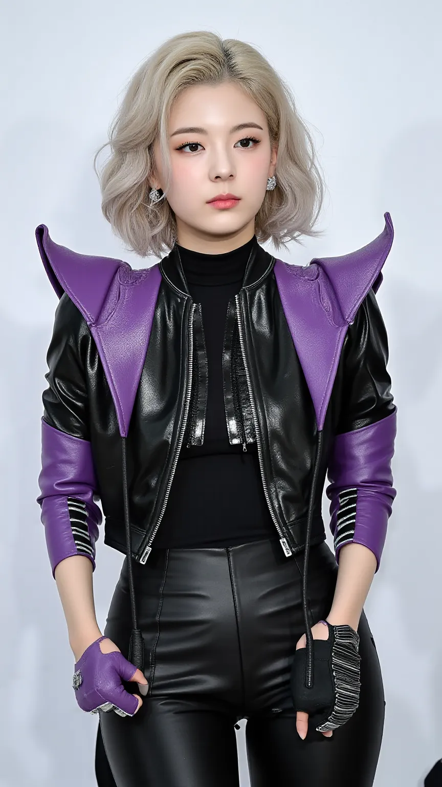 A picture of a stylish K-pop idol performing. - Lina:  short blond hair, The black leather costume has a subtle purple accent, Charismatic and mysterious. white background, And futuristic. Super realistic,  bright color. black leather bodysuit,  black leat...