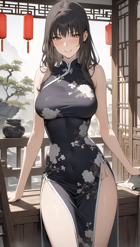 nsfw,1scene,cnc,High quality,Ultra-high resolution,High-definition illustrations,Masterpiece,extremely detailed, mature woman, medium breasts,mole under eye, (qipao, ancient Chinese home), (gentle smile, demure demeanor), full shot 