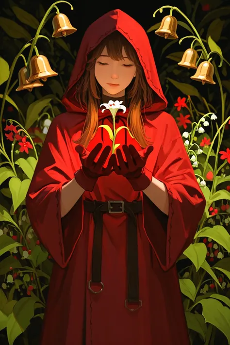 13years old ( (boy) ) with short brown hair, warning a red hood robe, and a golden bell nekckles and red gloves, a background of plants, with few lilies of the valley flowers, and tiny red flowers, sketchy, dream aesthetic, masterpiece.