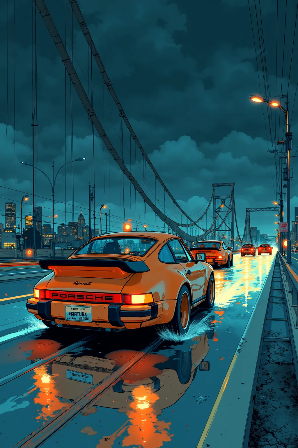  movie poster 、1978s Porsche 911 turbo is speeding up、Cars zipped across the night highway bridge, creating a blur of headlights、The flowing taillight，Scenery flowing 、masterpiece, High Resolution, high detail, ultra high definition, 