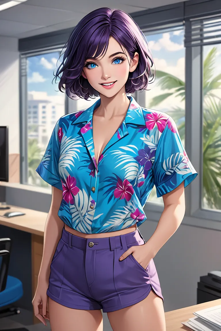 (masterpiece, best quality, 8k, high definition), whole body, woman, short dark purple hair, mid-chest, soft blue eyes, soft lips, Caucasian, beautiful face, wearing shorts and a Hawaiian shirt, natural light, detailed background, Detailed Illustration Art...