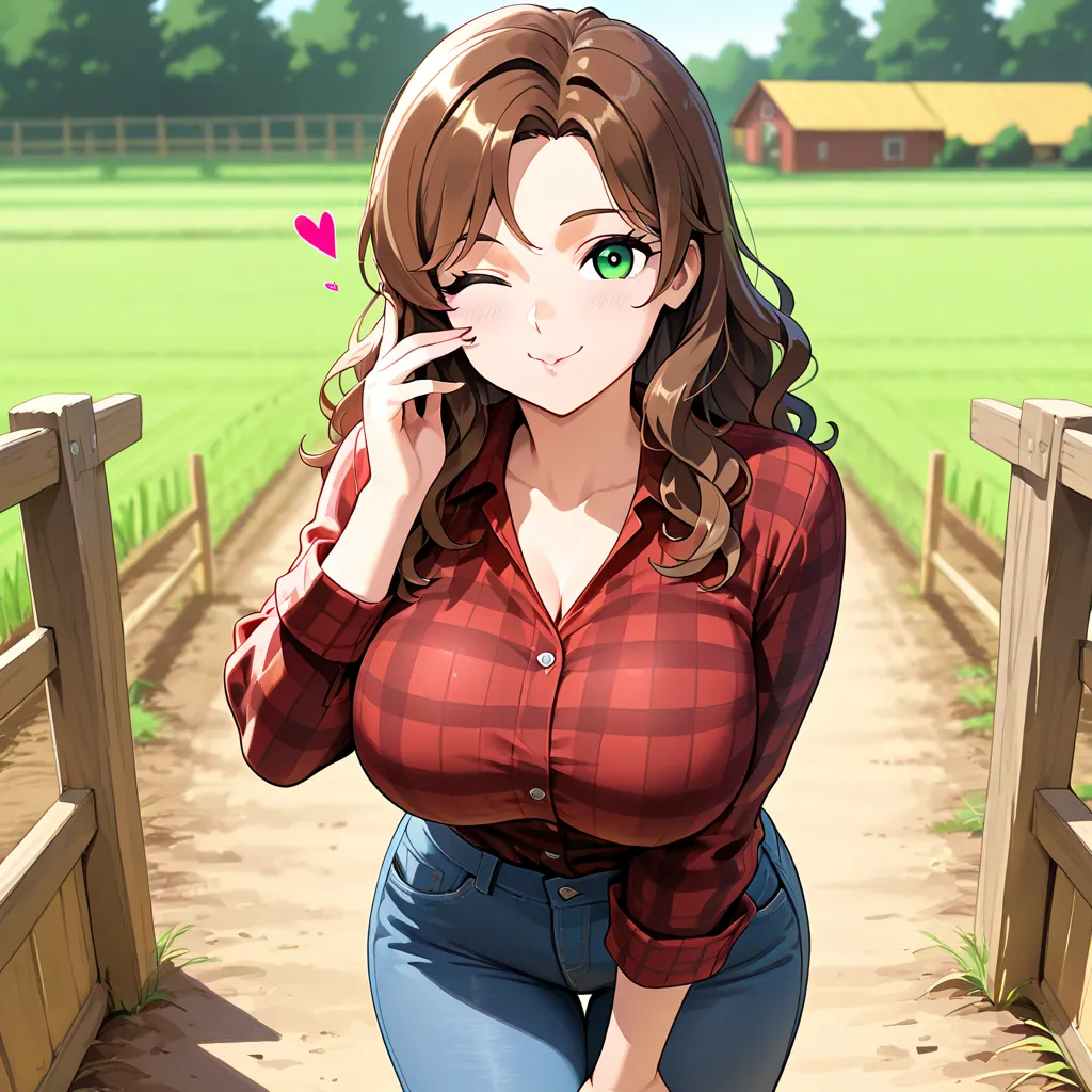 Brown Hair, Large breasts, Green Eyes, Flannel Shirt, Red Shirt, Outside, Farm, Long Hair, Hearts, Solo, Wavy Hair, Wink, Air Kiss, Jeans, 1girl