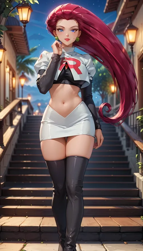 score_9, score_8_arriba, score_7_arriba,  a mature woman  , 45 years , older woman , tanned, Milf , lady , beautiful waifu , , ( jessie team rocket, red hair brushed backwards , blue eyes,  Colorful :1.2), detailed eyes, detailed face, flirt, cosplay_Team ...