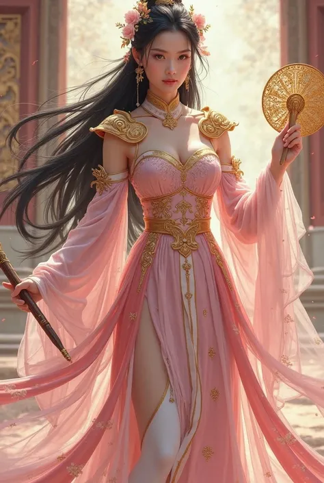 A stunning and elegant Diao Chan from the Three Kingdoms era, with long flowing black hair adorned with golden hairpins and floral ornaments. She wears a luxurious pink and gold silk dress with intricate embroidery, wide sleeves, and a high slit. Holding a...