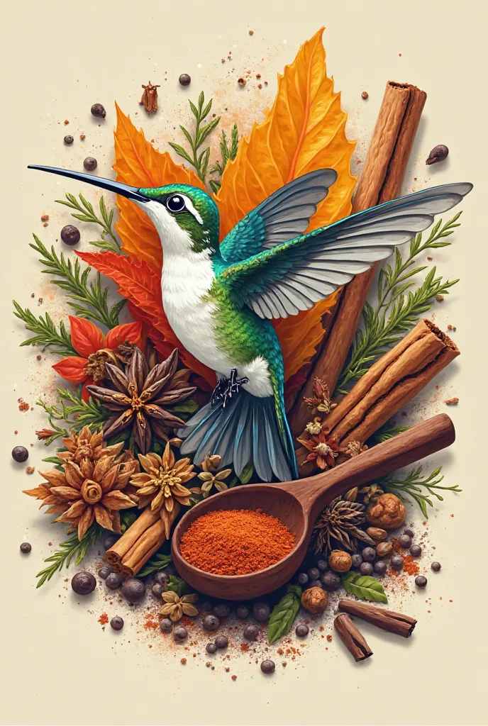 creation of a logo a hummingbird surrounded by spices and a wooden spoon 