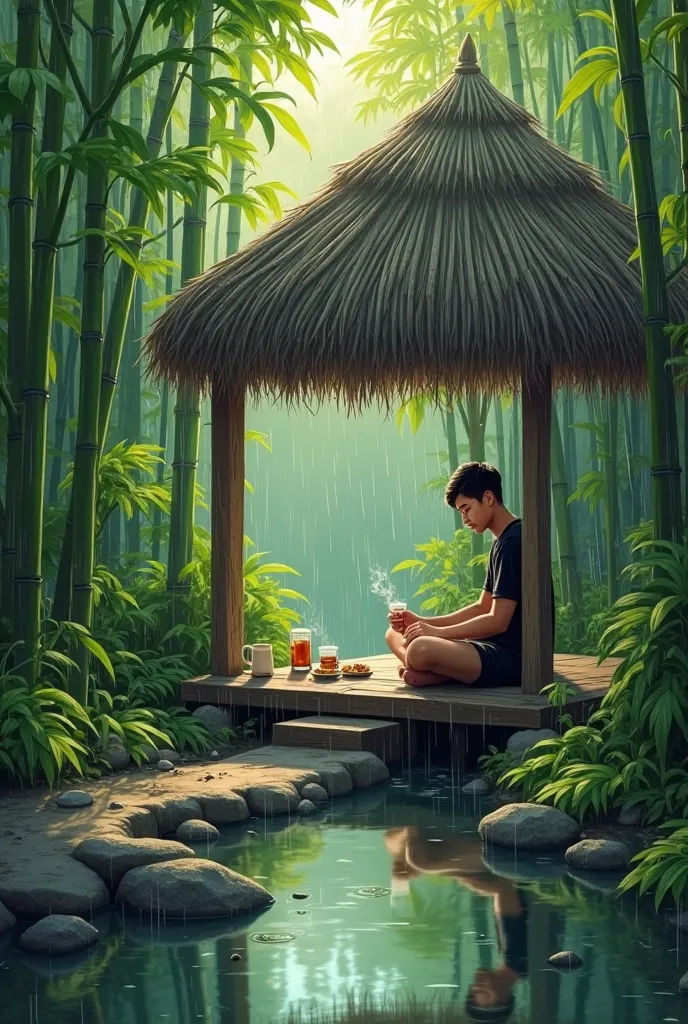 Create an image of a young man in a black t-shirt with shorts, sitting cross-legged while enjoying hot tea in a small hut with a thatched roof, located in a bamboo forest, and clear river water. This scene occurs when it rains, enhancing the bright green c...