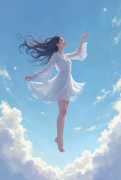 Create an image of an 18-year-old girl in the sky in blue tones 