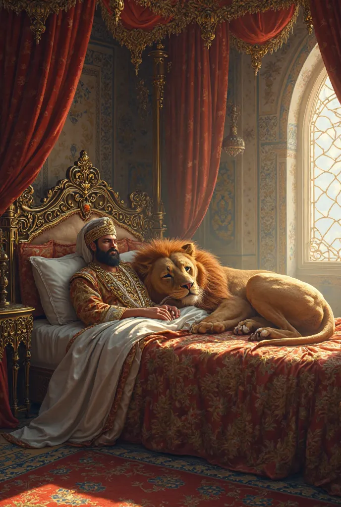 The Sultan sleeps in his bedroom in the palace and next to him sleeps his lion with blue eyes and a strong body 