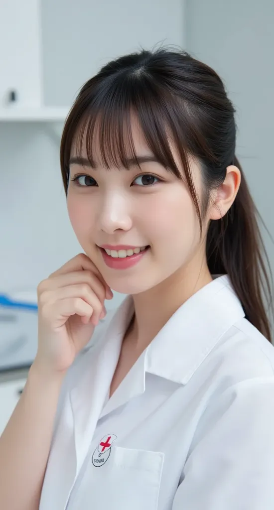 Super high resolution, super high quality smartphone selfie photos. A beautiful Japanese woman wearing nurse's clothes and smiling kindly in a hospital examination room.
