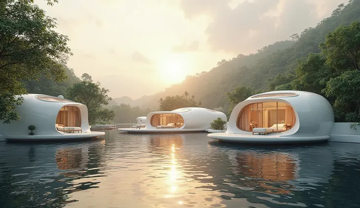 varieties types ofmany curve minimalist architecture in a serene setting on the white raft: smooth, white buildings with solar roof echoing tropical foliage, connected together in river bay, warm sunlight dances over water, inviting tranquility and modern ...