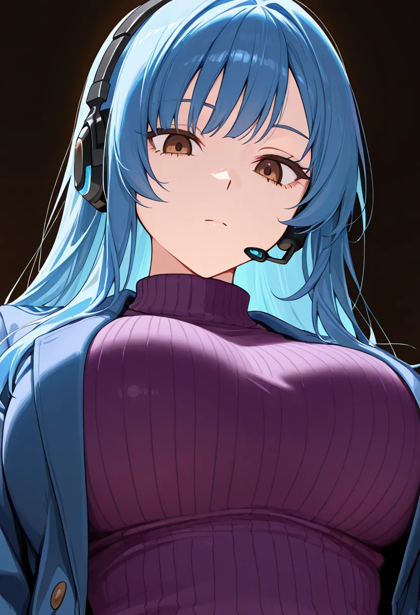 1girl, emotionless, blue hair, long hair, side bangs, brown eyes, purple sweater, blue jacket, headset, large breasts, looking down, from below, close-up, upper body, looking at viewer, dark background