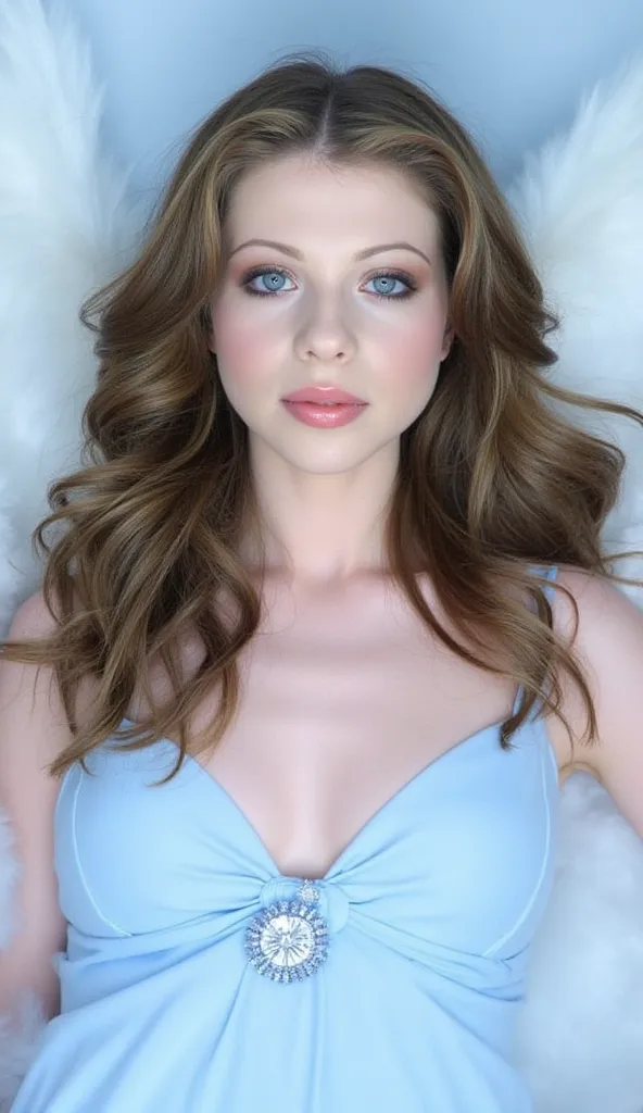 This is a beautiful photograph of a woman, Michelle Trachtenberg, light brown hair styled in soft waves that cascade over her shoulders. wearing a light blue dress. like an angel, between the clouds